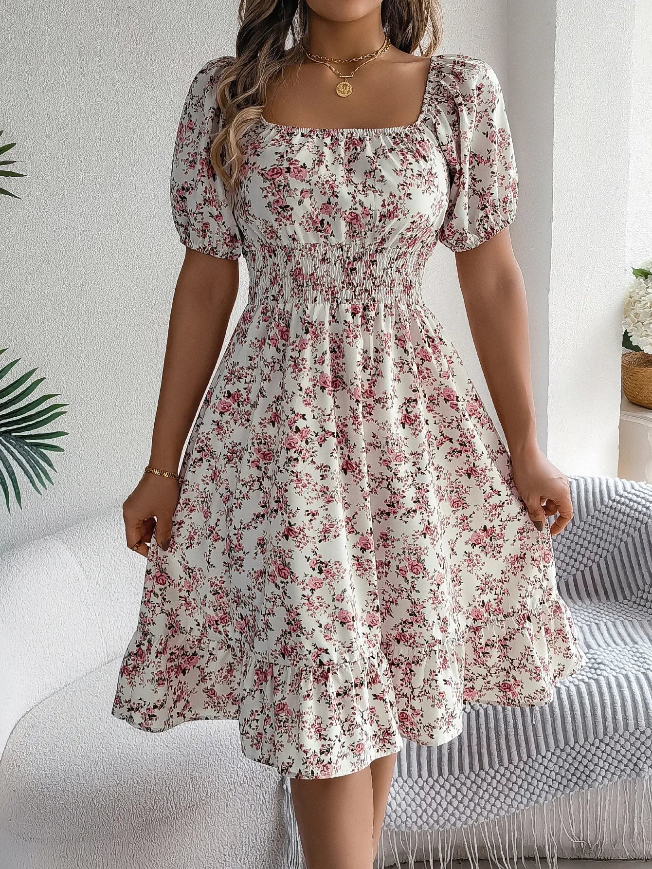 Women's Floral 3D Print Square Neck Dress